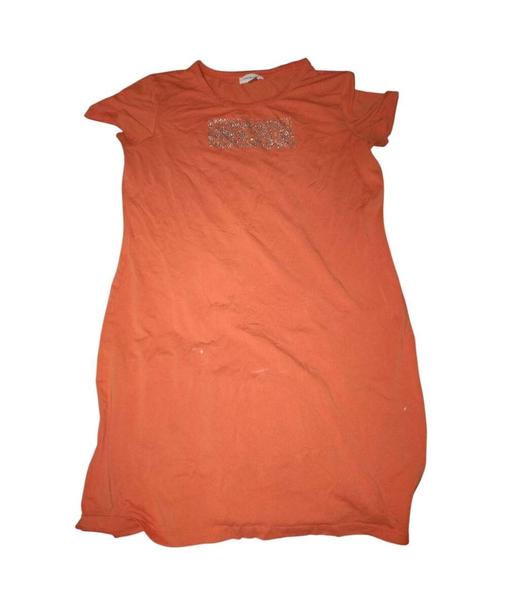 Calvin Klein Orange Rhinestone Logo T-Shirt Dress Size L